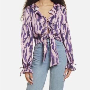 Topshop Tie Dye Tie Front Blouse Ruffle Front Balloon Sleeve Pink Purple